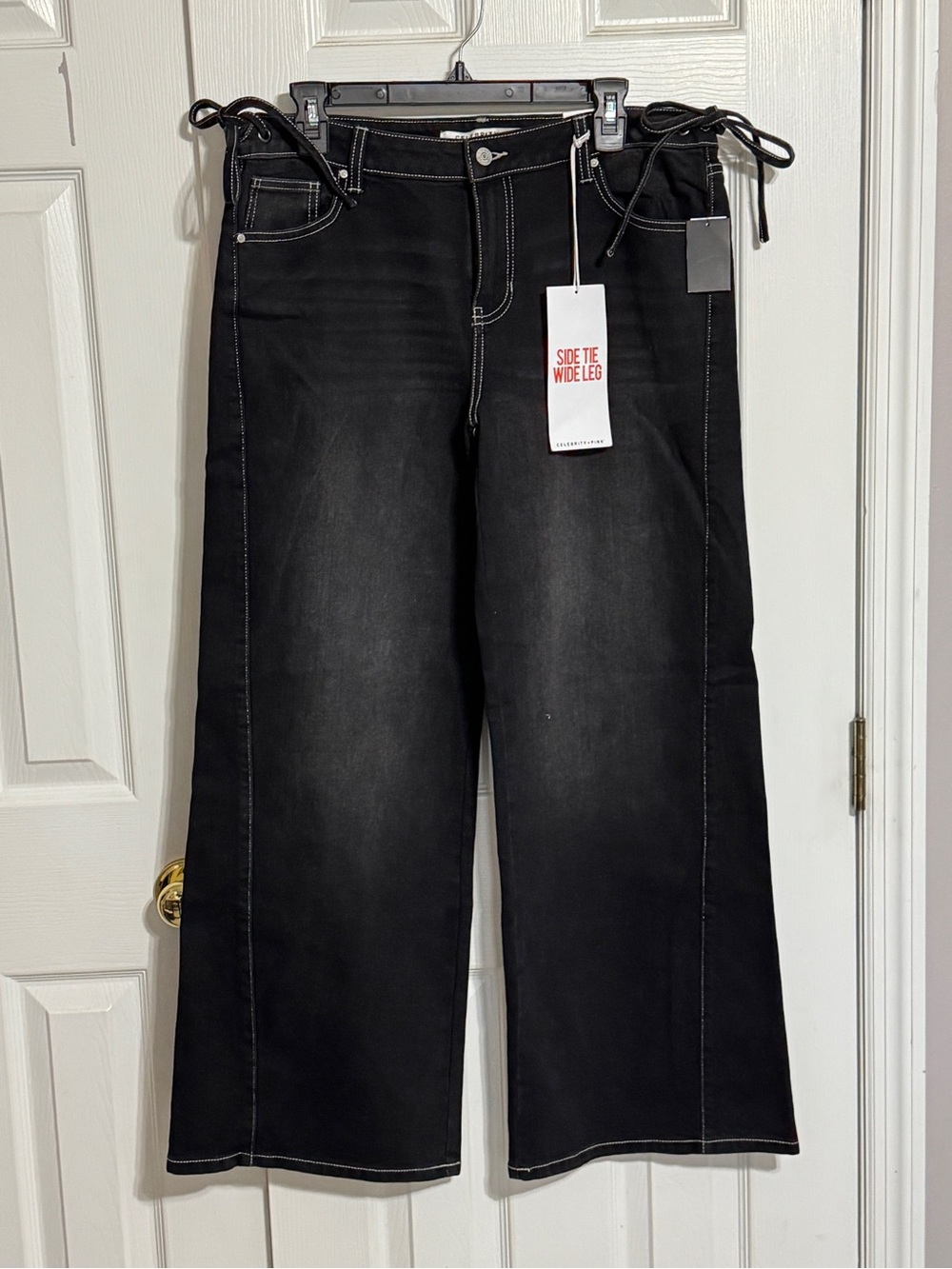 Celebrity Pink Black Wide Leg Jeans with Side Tie